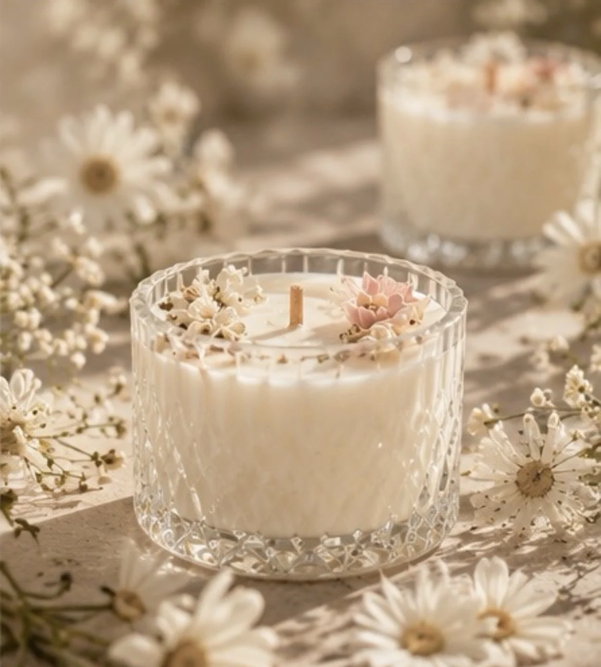 Bougies fleuries parmi les marguerites