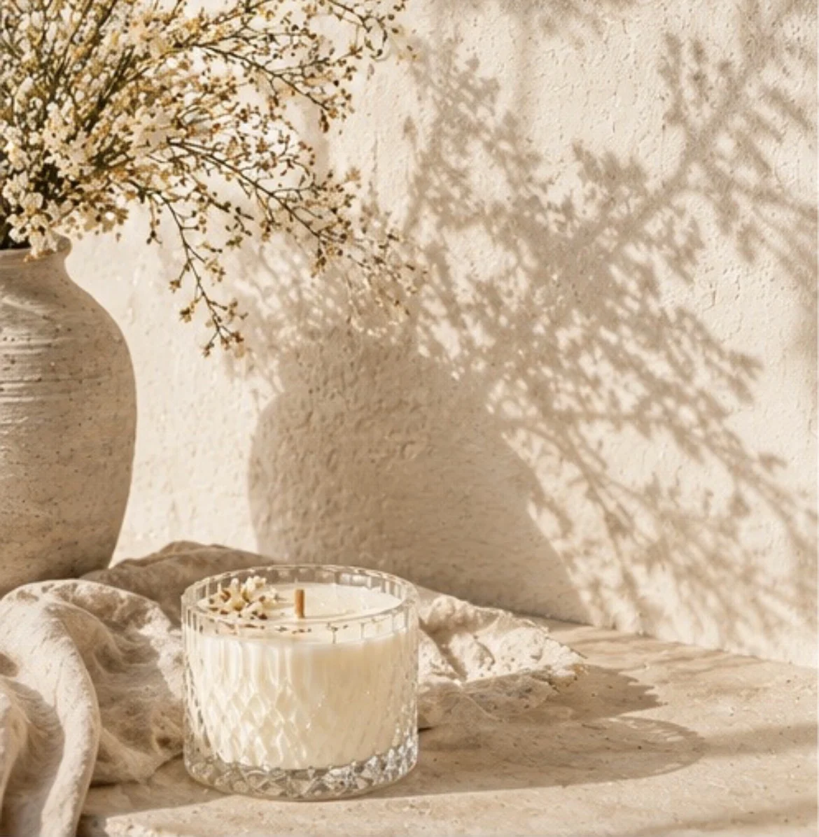 Bougie fleurie en verre ciselé et vase de fleurs séchées