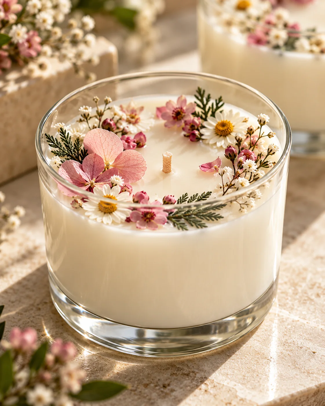 Détail d’une bougie fleurie : hortensia, marguerite et gypsophile
