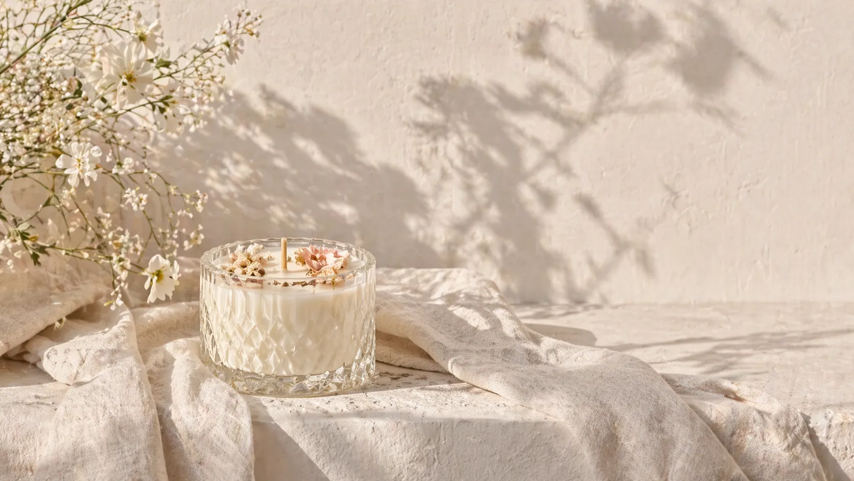 Bougie fleurie artisanale dans un décor lumineux