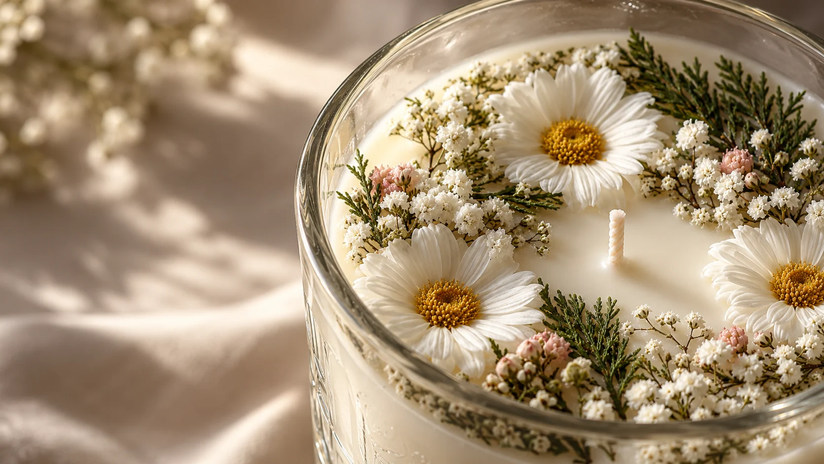 Bougie fleurie aux marguerites, gypsophile et cyprès