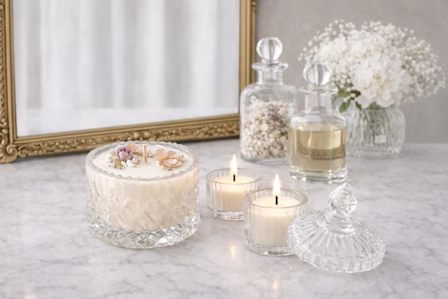 Bougies fleuries dans des contenants en verre