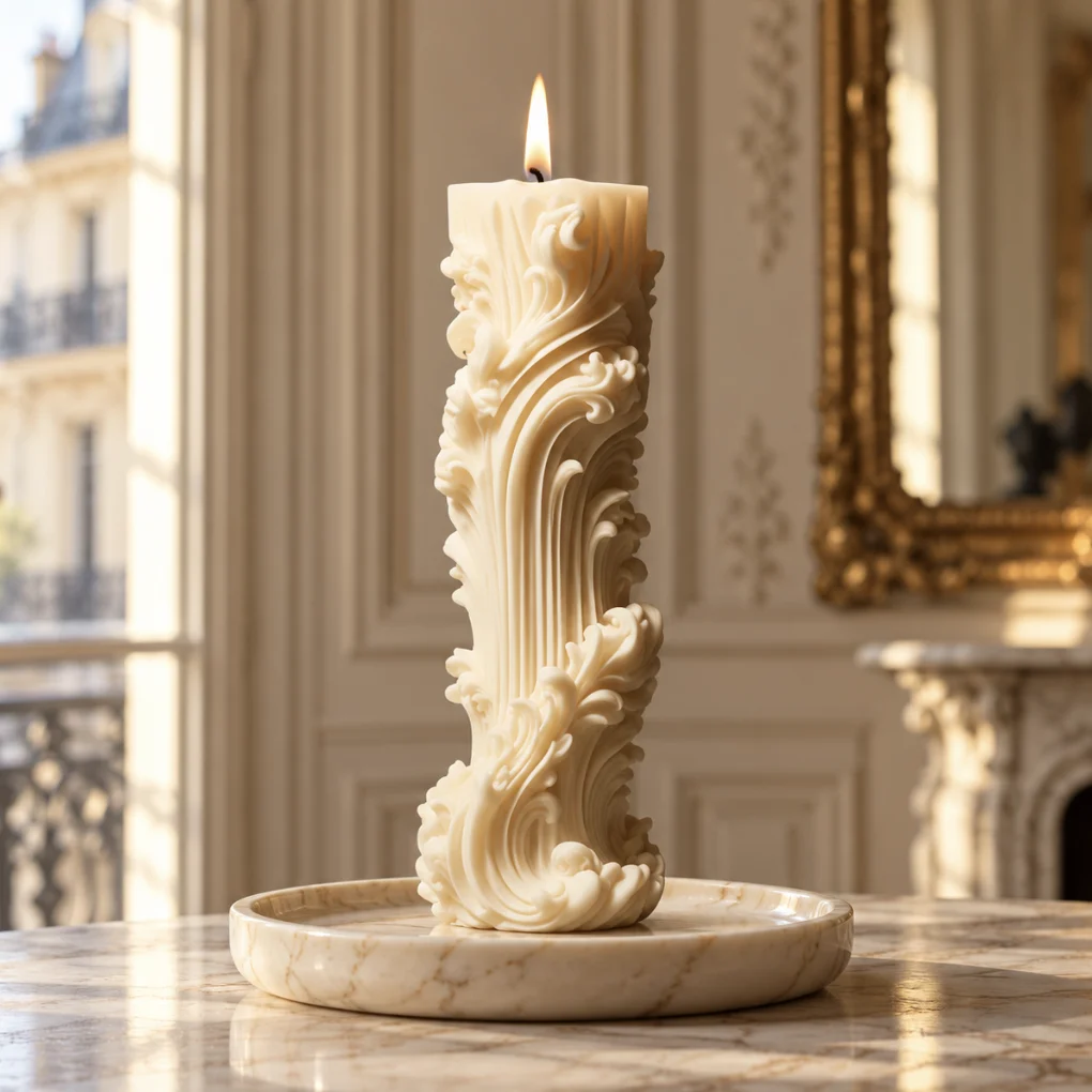 Bougie Acanthe haute et sculptée de volutes, allumée sur un plateau en marbre