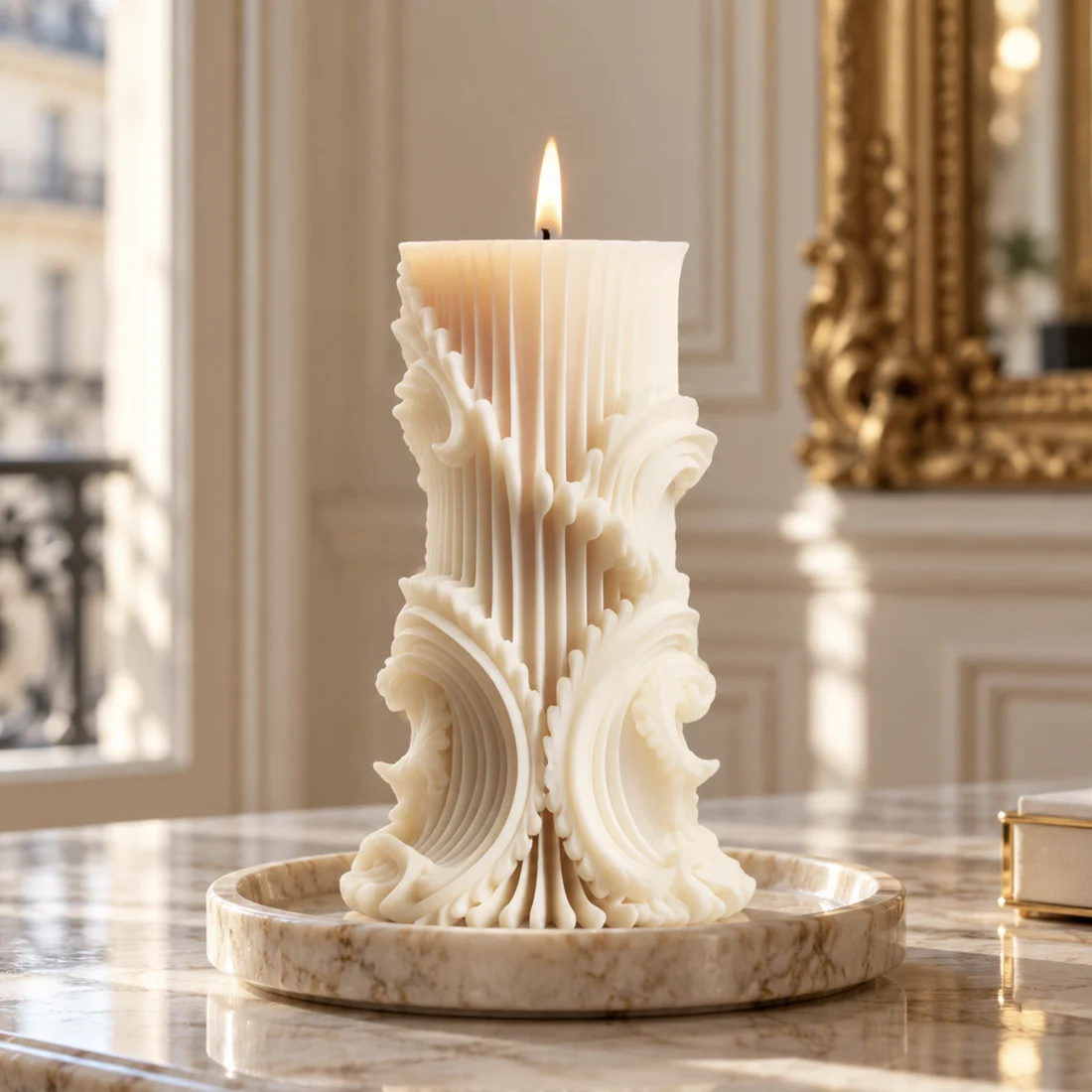 Bougie Rocaille ivoire sculptée de plis et de volutes, allumée sur un plateau en marbre