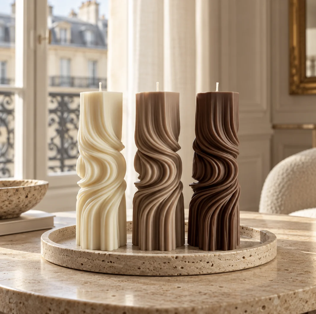 Trio de bougies Torsade ivoire, taupe et chocolat sur un plateau en travertin