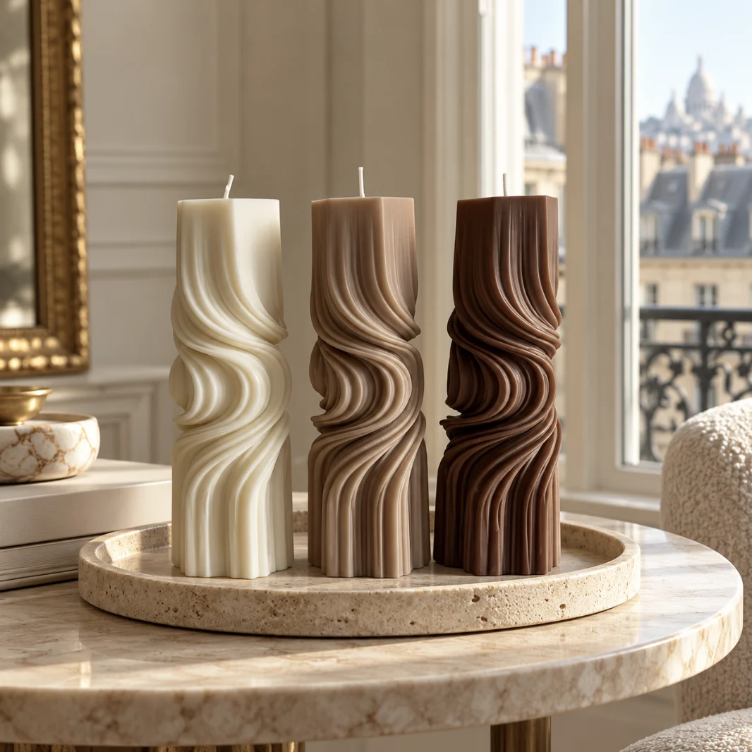Trois bougies Torsade ivoire, taupe et chocolat sur un plateau en travertin, devant une fenêtre parisienne